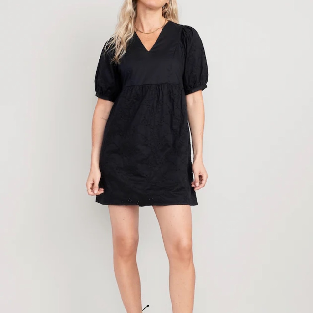 Women’s Black V-Neck Eyelet Mini Dress